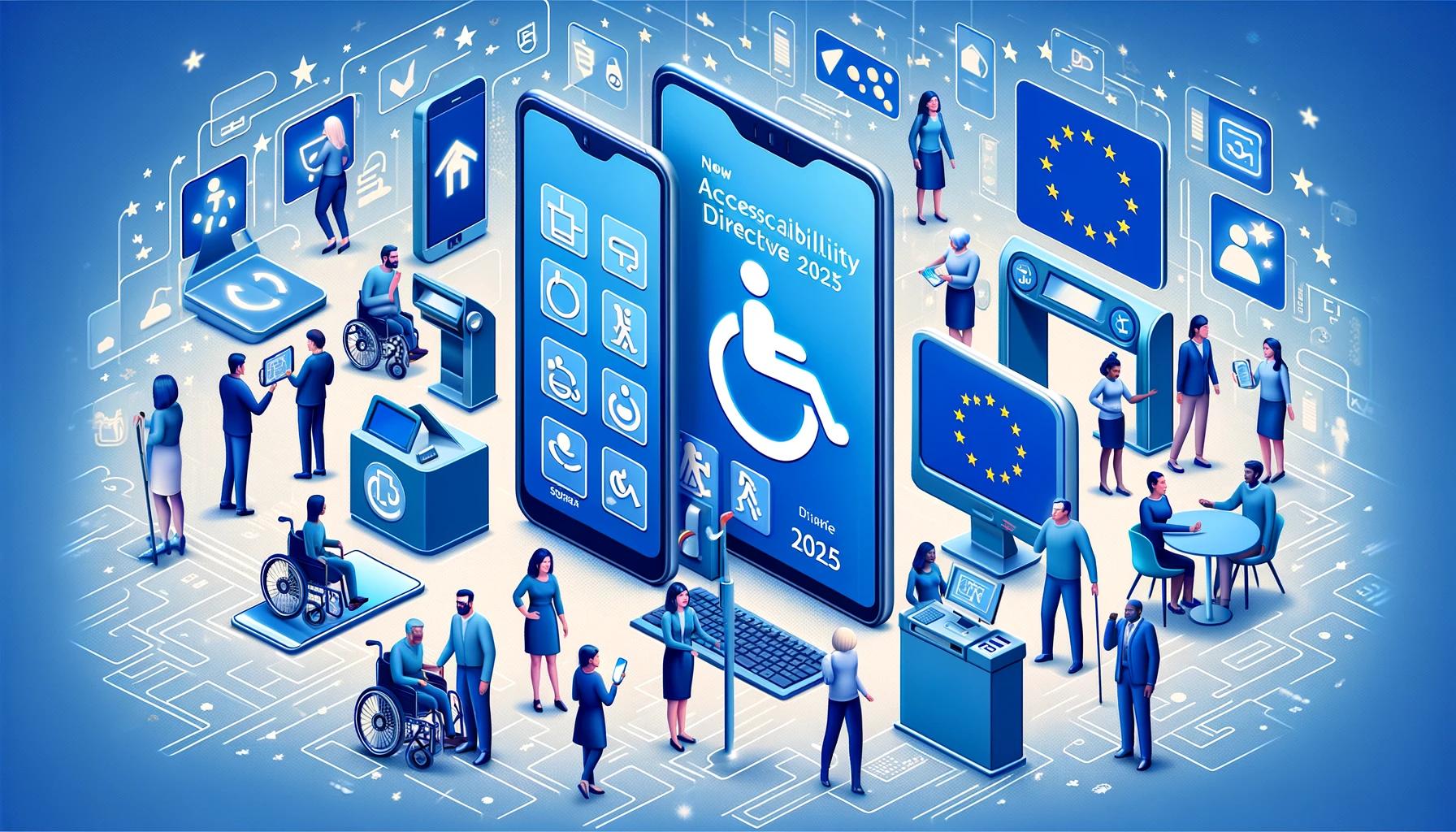 Ett tjugotal personer interagerar med väldigt stora digitala enheter och automater. Tre sitter i rullstol, två använder vit käpp. På två stora skärmar visas en EU-flagga. Illustration.